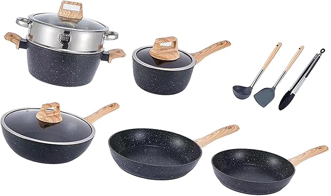 10 Piece Nonstick Cookware Set Frying Pan Saucepan Saute Pan Steam Rack Sturdy Scratch Resistant Coating Even Heat Distribution Modern Design for Home Cooks (Black)