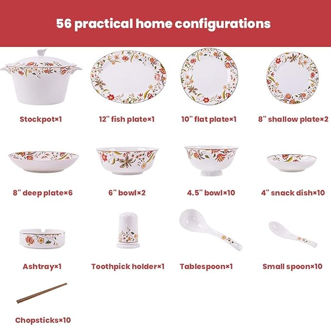High-End Dinner SetCeramics Dinner Sets Cereals Bowl &amp Soup Pot &amp Plate | 56 Pieces Bone China Porcelain Dinnerware Set for Wedding Gifts and New Year