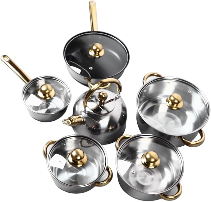 12Pcs Elegant Golden Handle Kitchen Pots Cookware Set Kitchen Pots Set Stainless Steel Cookware Multiple Sizes Suitable for All Cooktops