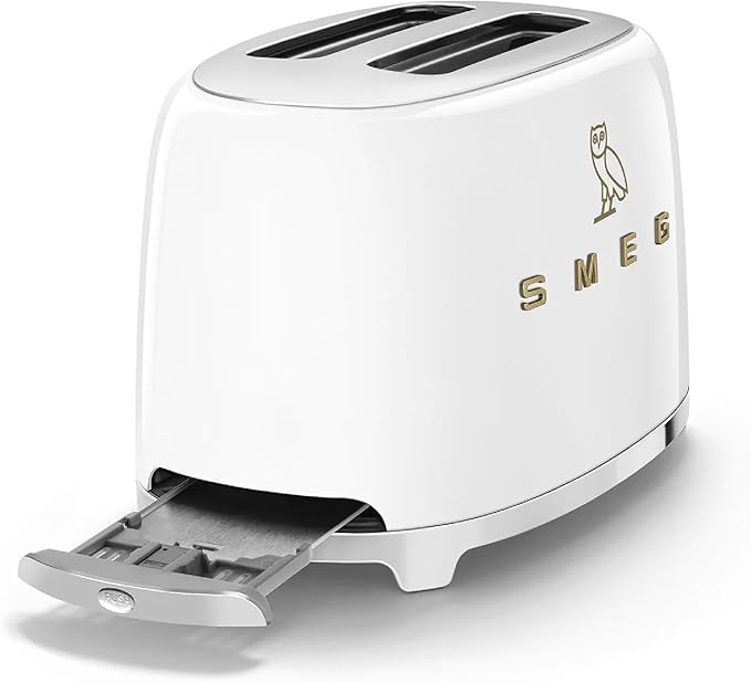 Smeg 2-Slice Toaster Stainless Steel OVO Collection Two Slice Toaster with 6 Presets and Removable Crumb Tray (Glossy White) (Renewed)