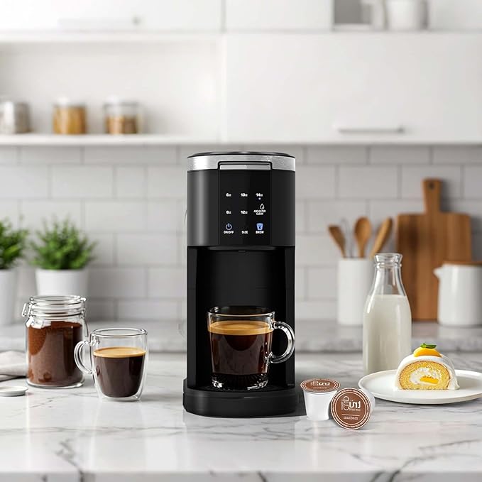 Kndko Single Serve Coffee Maker for Capsule and Ground Coffee 6 to 14oz Brew Sizes 40oz Removable Reservoir Fast Brew Compact Design Travel Mug Friendly Black