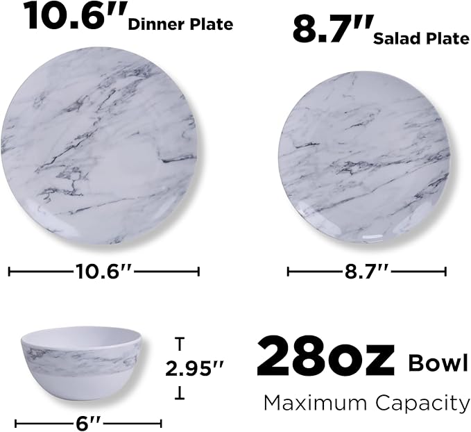 TP 12-Piece Melamine Dinnerware Sets Plates and Bowls Dishes Set for 4 Break-Resistant &amp Non-Microwavable Lightweight Dinner Plates Marble Pattern