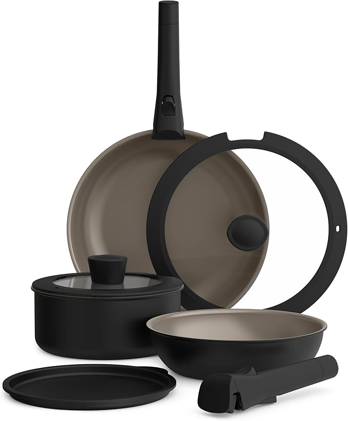 bella 8 Piece Removable Handle Cookware Set Fits-anywhere™ Kitchenware w EverGood™ Ceramic Nonstick Coating Dishwasher &amp Oven Safe All Stovetops Compatible Glass Lids with Silicone Rims Blac