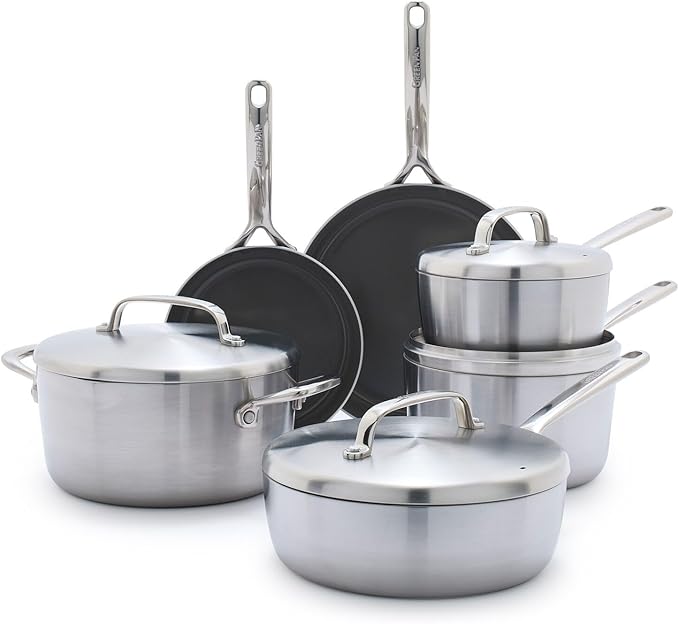 GreenPan GP5 Stainless Steel 5-Ply Healthy Ceramic Nonstick 13 Piece Cookware Pots &amp Pans Set Frying Pans Sauté Saucepans Stock Pot Scratch Resistant InductionDishwasher &amp Oven Safe PF
