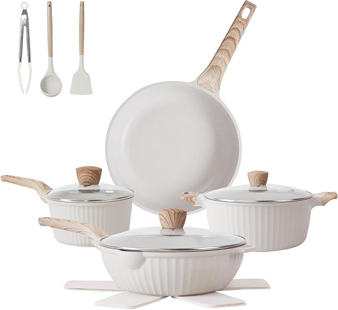Pots and Pans Set Non Stick 13Pcs Kitchen Cookware Sets Granite Stone Induction Cookware Non Stick Cooking Set w/Frying Pans Saucepans Sauté Pan (PFOA Free) Cream White