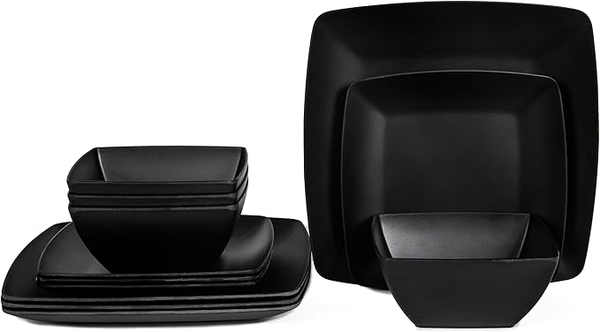 Melamine 12pcs Classic Square Dinnerware Set Concise Plates and Bowls Set Service for 4 Dishwasher Safe Black