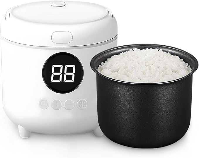 Mini Rice Cooker 2-Cup Uncooked / 4-Cup Cooked 1.7Qt Portable Small Rice Maker with Auto Keep Warm &amp 24H Timer Delay for Oatmeal Quinoa Soup Non-Stick Inner Pot Easy to Clean