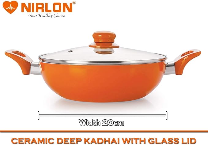 NIRLON Non-Stick Induction Ceramic Casserole and Kadhai with Glass Lid - Set of 2 (Orange)