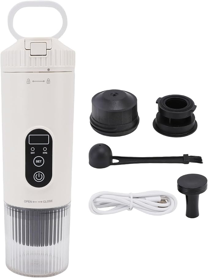 Portable Coffee Maker 21Bar Travel Espresso Machine Car Self Heating Coffee Maker Compatible with Ground and Capsule for Outdoor RV Office Hiking (White)