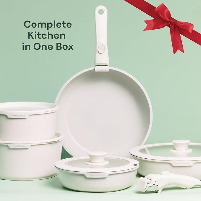 15-Piece White Granite Nonstick Cookware Set – Detachable Handles &amp Tempered Glass Lids – Stackable &amp Cool-Touch - Induction &amp Oven Safe to 480°F - Scratch-Resistant PFOA &amp PFOS-Free