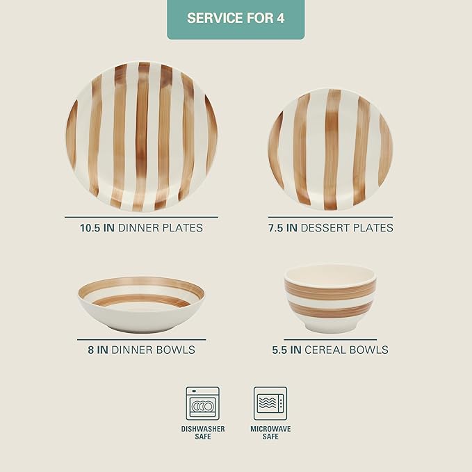 Gibson Home Kenwood Shores 16 Piece Dinnerware Set Brown Striped Stoneware Hand-Painted Plates and Bowls Service for 4 Microwave &amp Dishwasher Safe