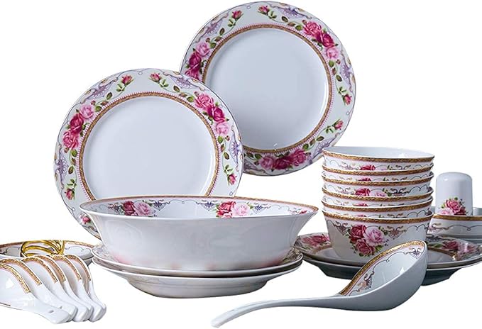 Flower Bone China Tableware Set Porcelain Dishes/Plate/Bowl Dinnerware SetCeramic Dinner SetsFine Dinnerware SetsDishwasher &amp Microwave SafeMulticolorB56Pcs Service For 28pcs Service for 6