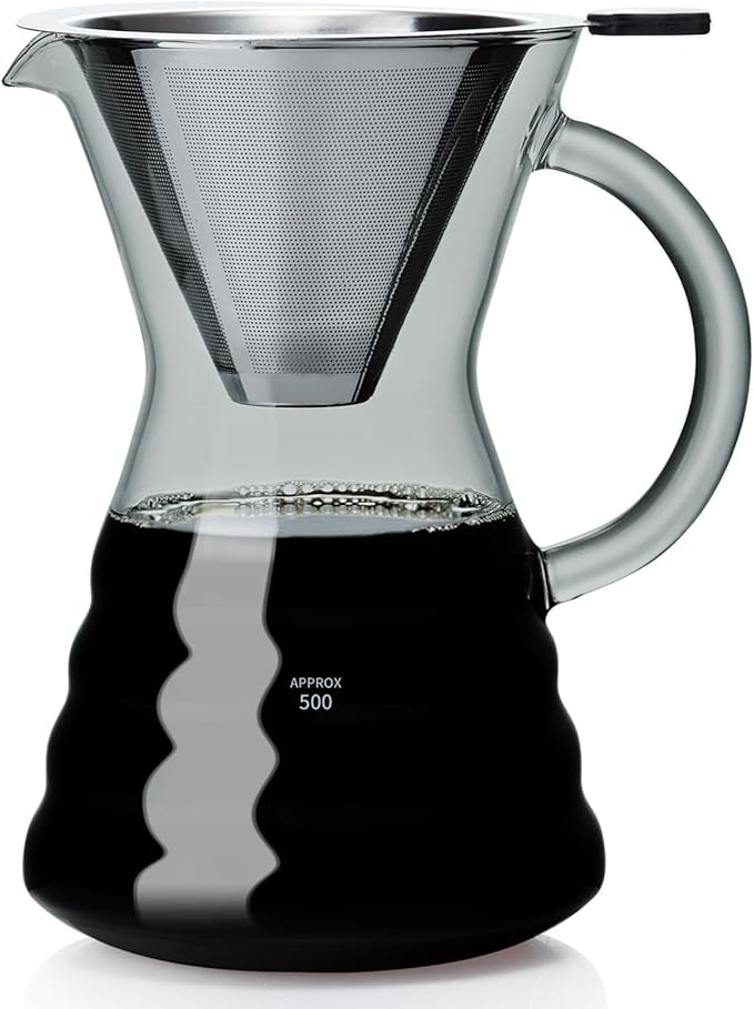Unbreakable - Pour Over Coffee Maker with Permanent Stainless Filter 27 fl oz Thickened Heat-Resistant Borosilicate Glass Dripper Coffee Brewer Stovetop Safe Ink