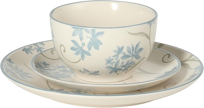 Gibson Home Admiral Hall 12-Piece Matte Stoneware Dinnerware Set – Dinner Plates Salad Plates &amp Bowls with Blue Floral Pattern Durable Everyday Dish Set Microwave &amp Dishwasher Safe
