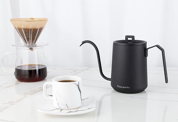 Easyworkz Gooseneck Pour Over Coffee Kettle 20 oz Stainless Steel Hand Drip Coffee Pot With Long Narrow Spout Matte Black