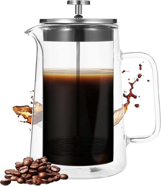 1000 Ml/33.8 Oz Press Coffee Maker Insulated Double Wall Tea Maker Heat-Resistant Borosilicate Glass With Fine Mesh Filter &amp Stylish Handle Suitable For Hot And Cold Beverages