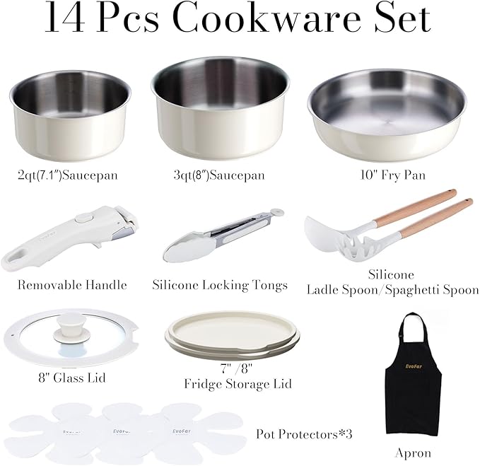 14 pcs Stainless Steel Cookware Set Detachable Pots and Pans Set with Removable Handle Non Toxic Space Saving RV Camping Cookware Set Induction Cookware Dishwasher &amp Oven Safe