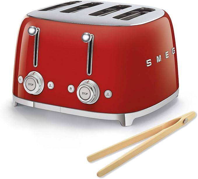 Smeg 50s Retro 4-Slot Toaster TSF03RDUS Bundle with Bamboo Tongs - Red