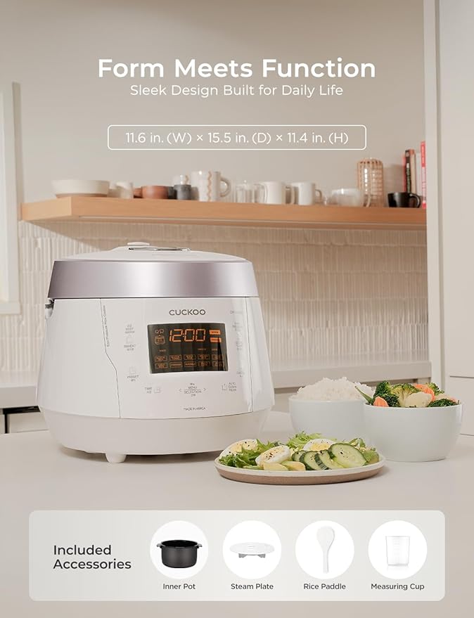 CUCKOO High Pressure Rice Cooker 10-Cup Uncooked / 20-Cup Cooked with Nonstick Inner Pot Large Rice Maker with 13 Menu Options and Steam Plate Fuzzy Logic Tech Voice Guide White (CRP-P1009SW)
