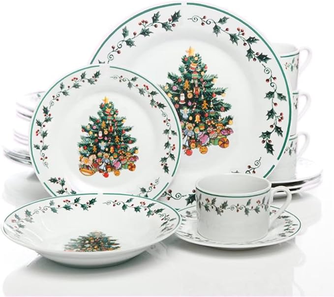 20-Piece Christmas Dinnerware Set – Festive Holiday Tree Trimming Design Ceramic Service for 4