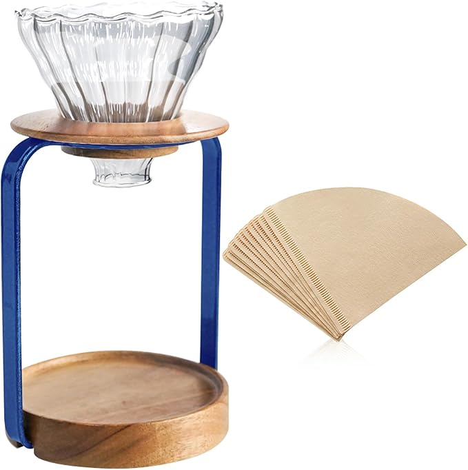 SOTECH Pour Over Coffee Maker Set with Black Gooseneck Kettle Wooden Filter Holder Coffee Dripper Glass Server with Paper Coffee FiltersDIY Manual Coffee Maker Set (Maker Stand Blue)