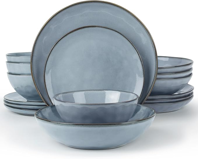 Famiware Ocean Round Plates and Bowls Sets for Kitchen 16-Piece Dinnerware Sets for 4 Reactive Glaze Blue