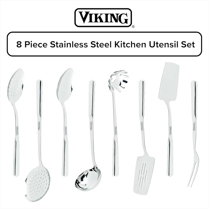 Viking Stainless Steel Kitchen Essentials Bundle – 3-Piece Cookware Set with 8 Cooking Utensils 4.8 Qt Sauté Pan &amp Lid 3.4 Qt Sauce Pan &amp Lid – Induction Ready Oven &amp Dishwasher Safe