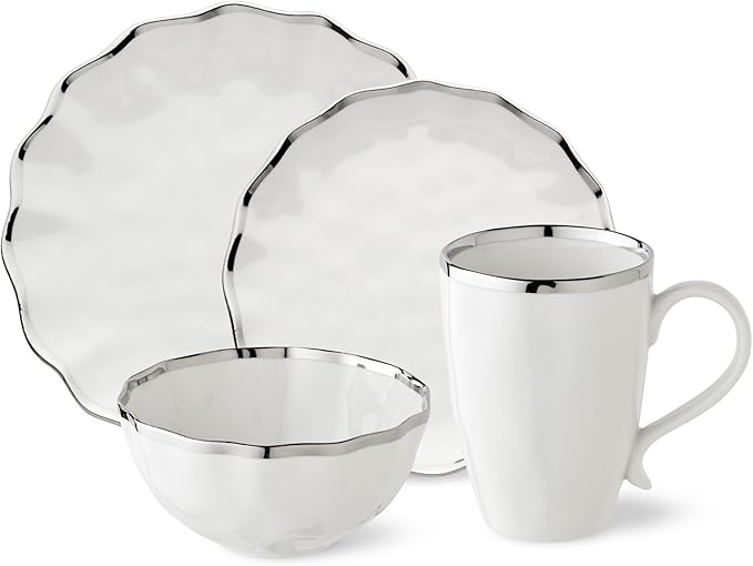 Regency Silver 16-Piece Porcelain Dinnerware Set – Elegant Silver-Trimmed Plates Bowls &amp Mugs – Service for 4 – Durable Dishwasher-Safe Tableware for Everyday Dining &amp Special Occasions