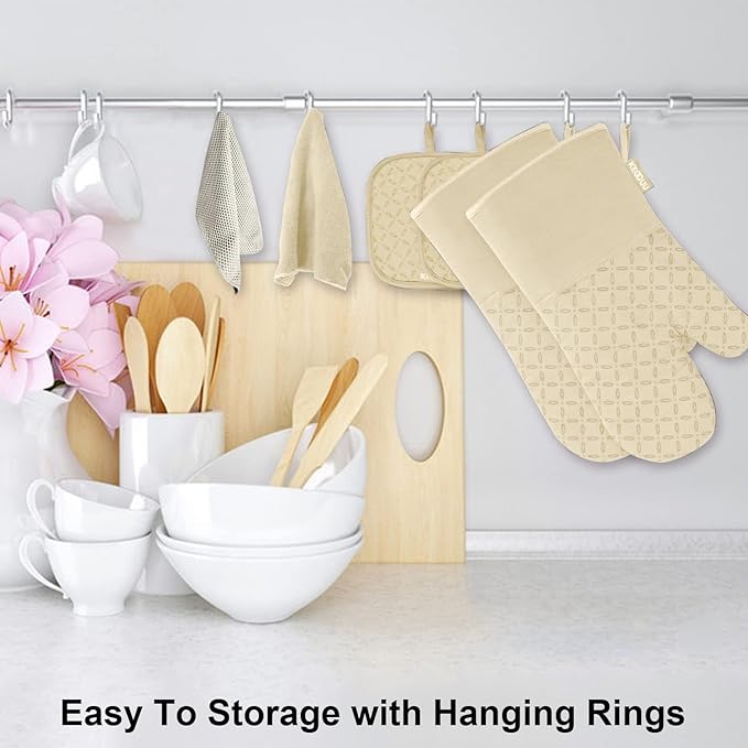 KEGOUU Oven Mitts and Pot Holders 6pcs Set Kitchen Oven Glove High Heat Resistant 500 Degree Extra Long Oven Mitts and Potholder with Non-Slip Silicone Surface for Cooking (Beige)