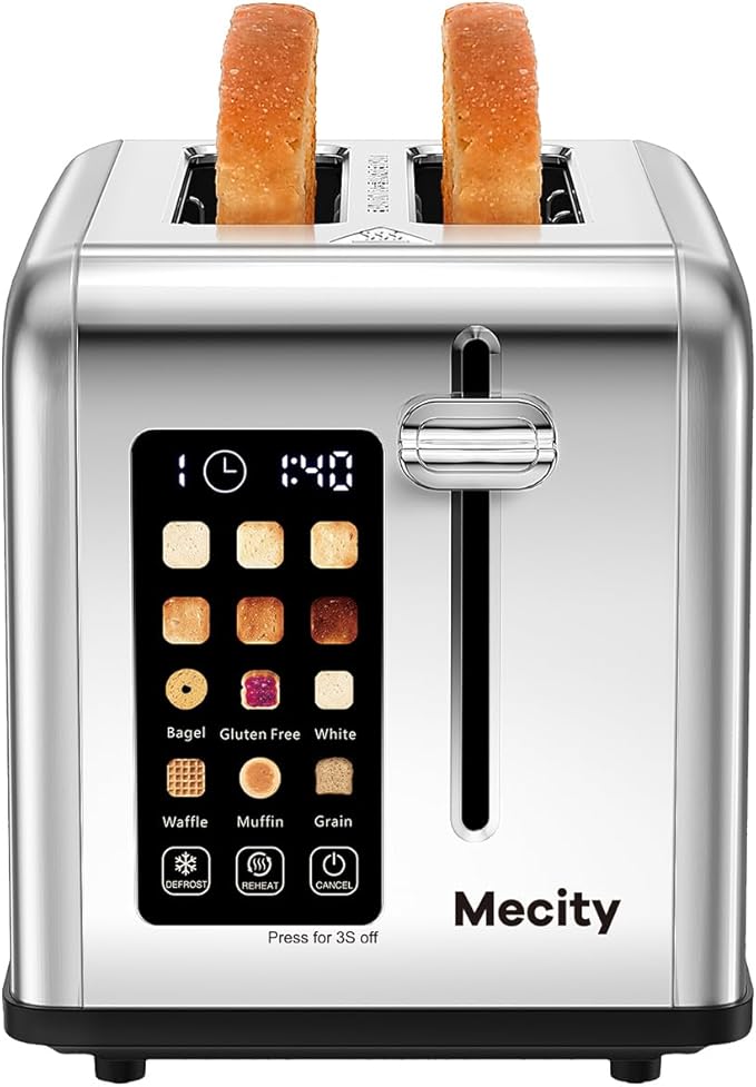 Mecity 2 Slice Toaster Touch Screen 1.5 Wide Slot Stainless Steel Smart Bread Toaster for Bagel Muffin Waffle Gluten Free Breads Timer Defrost Reheat 120V 825W