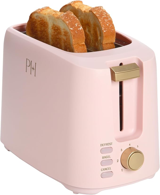 Paris Hilton 2-Slice Toaster Extra-Wide Slots 7 Browning Settings Bagel &amp Defrost Functions Removable Crumb Tray Pink