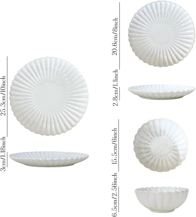DOMINI 12-Piece Sunflower shape Ceramic Kitchen Dinnerware Set Service for 4 Porcelain Dishes Dinner Set with Dinner Plates Dessert Plates and Pasta BowlsRound-White Sunflower shape