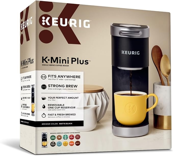 Keurig K-Mini Plus Single Serve K-Cup Pod Coffee Maker with 6 to 12oz Brew Size Stores up to 9 K-Cup Pods Travel Mug Friendly Matte Black