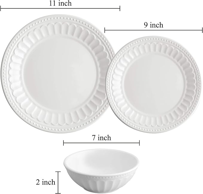 UPware 12 Piece Chateau Melamine Dinnerware Sets Outdoor Dishes Set Plates and Bowls Sets Service for 4 White
