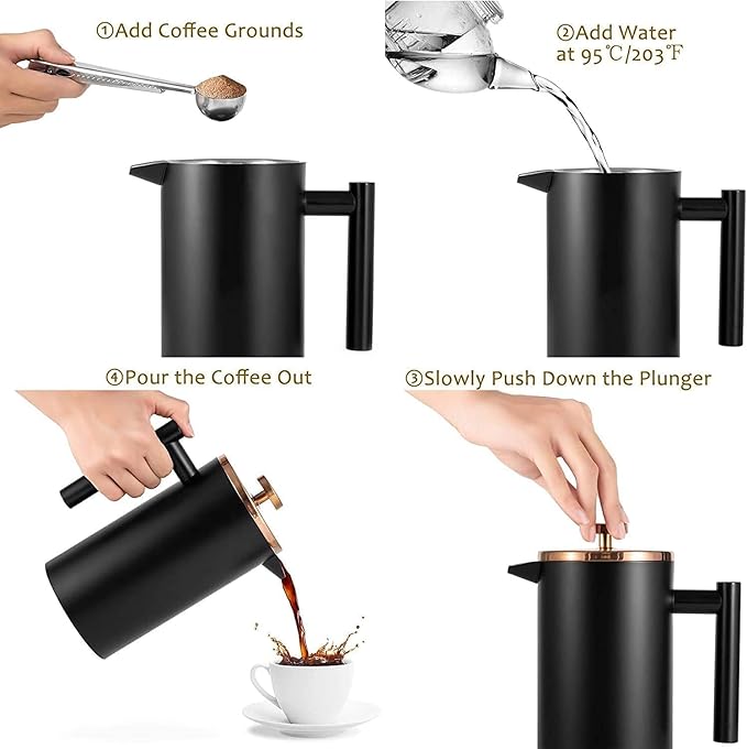 Miuly 12oz French Press for One Person Small Coffee Press 350ml with 2 Filter Mesh Double Wall Insulated French Press for Travel Black