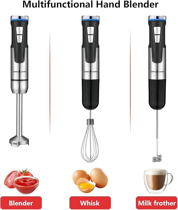Liebe&ampLecker Immersion Blender Handheld Cordless 3 in 1 Cordless Hand Blender 8 Speed Emulsion Blender Handheld with Whisk Milk Frother for Soup Smoothie