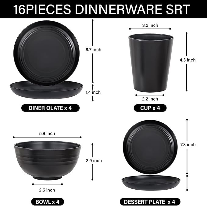 LIYH 16 Pcs Black Wheat Straw Dinnerware Set - Unbreakable Plates and Bowls Sets Dish Sets for 4 Black Plastic Dinnerware Set Include Wheat Straw Dinner Plates Bowls Cups Kitchen &amp Camping
