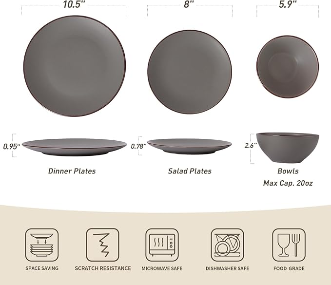Famiware Venus Plates and Bowls Sets with Coffee Mugs Set 18 Pieces Stoneware Dinnerware Sets Dark Gray