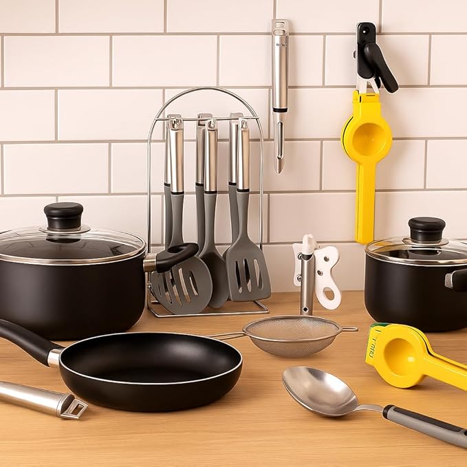 Set Nonstick black + Strainer + 5 piece silicone utensil+ nail opener+ lemon press