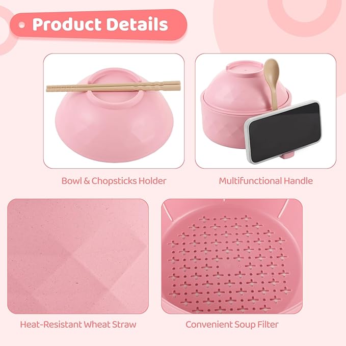 4-Piece Microwave Noodle Cooker Set with Lid Handle and 1200 Ml Bowl 4 Color Options Chopsticks Fork Spoon for Home and Travel