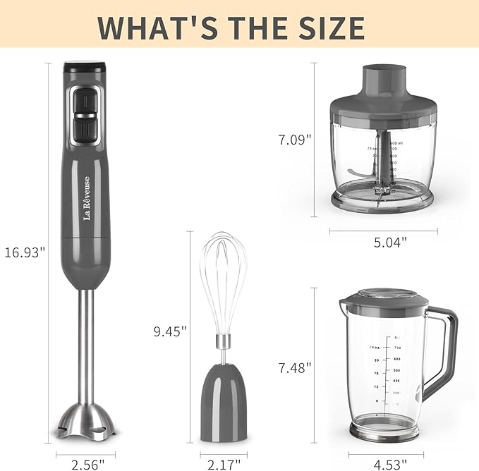 La Reveuse Immersion Blender Handheld 3 in 1 300 Watts 2 Speeds Multi-purpose with WhiskMixing BeakerFood Chopper Grinder attachments