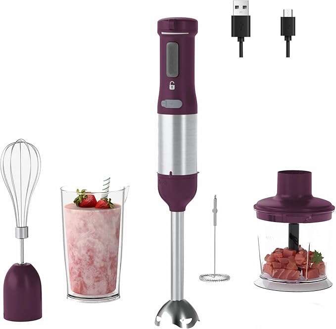 Cordless Immersion Hand Blender 5-in-1 Variable Speed blender handheldRechargeable with 2000mAh Battery BPA-Free &amp Dishwasher-Safe Accessories:700ml BeakerChopperWhisk &amp Milk FrotherPlum