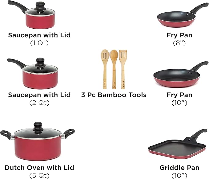 Ecolution Easy Clean Nonstick Cookware Set Dishwasher Safe Kitchen Pots and Pans Set Comfort Grip Handle Even Heating Ultimate Food Release 12-Piece Red