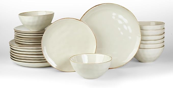 Famiware Dinnerware Sets for 8 Ocean Round 24-Piece Kitchen Plates and Bowls Sets Microwave and Dishwasher Safe Scratch Resistant Vanilla White