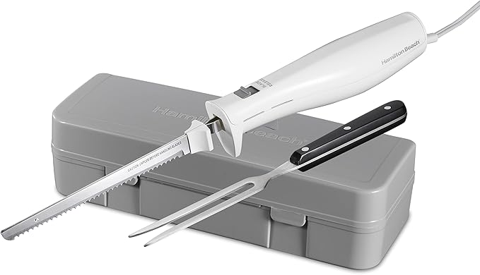 Hamilton Beach 4-in-1 Electric Immersion Hand Blender with Handheld Blending Stick &amp Electric Knife Set with Reciprocating Serrated Blades Storage Case Fork - For Carving Meats Bread Foam Mor