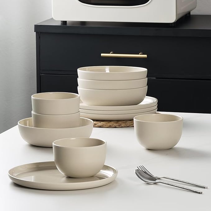 MissYIP Melamine Dinnerware Sets 12pcs Service for 4 Unbreakable Reusable Kitchen Dinnerware Set Outdoor Camping Dishes BAP free Dishwasher SafeNot oven-safe or microwavable(CharlestonGray)
