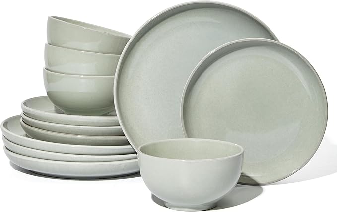 Santorini Mist Terracotta Reactive Glaze Plates and Bowls Sets Stoneware Dinnerware Sets Microwave and Dishwasher Safe Ceramic Dish Set Service for 4 Slate Green