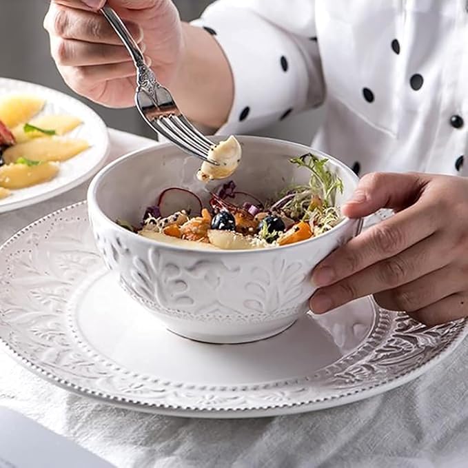 Ceramic Dinnerware Set 14 PCS Plates Set Dishes Set White Underglaze Dinner Sets - Retro Embossed Dinner Plate Soup Plate with Floral Pattern for Family Part