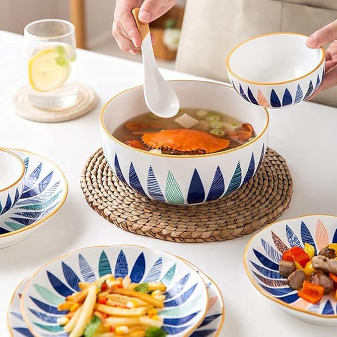 18 Pcs Dinnerware Sets Hand Painted Leaf Pattern Porcelain Tableware Set With Plates And Bowls Ceramic Dinner Set For Home Kitchen