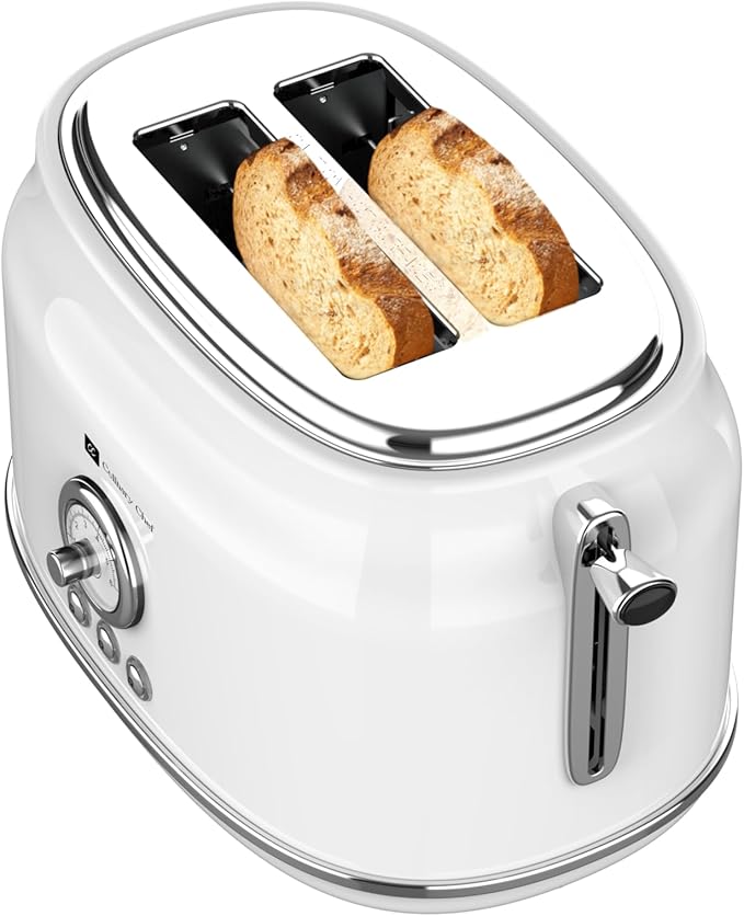 Frigidaire ETO102-WHITE 2 Slice Toaster Retro Style Wide Slot for Bread English Muffins Croissants and Bagels 5 Adjustable Toast Settings Cancel and Defrost 900w White